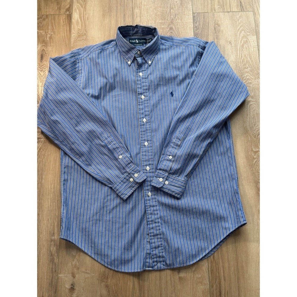 Ralph Lauren Classic Fit Striped Button Down Shirt Men Size Med Blue White Black